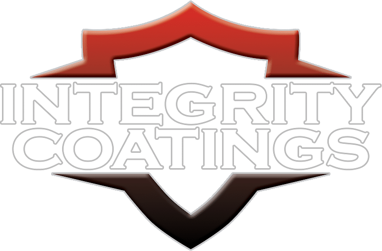 The image is a 3D company logo that reads "INTEGRITY COATINGS" in bold, white lettering, with a stylized red peak above and a brown chevron below.