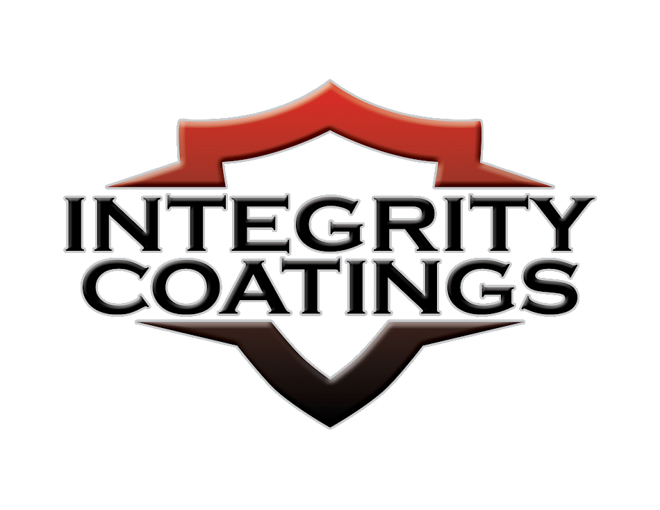 This is a logo for "Integrity Coatings" featuring a stylized shield with red and brown accents on a dark green background with metallic effects.